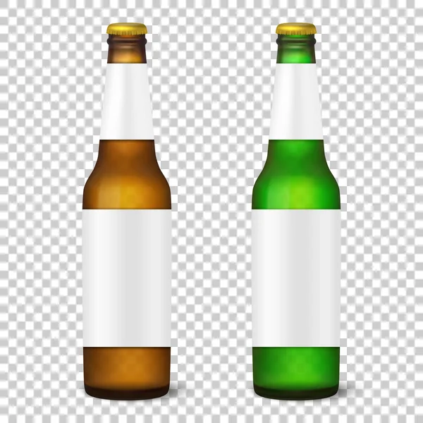Vector realista 3d vazio garrafa de cerveja marrom brilhante e verde com ícone cap set close-up isolado no fundo grade transparência. Modelo de design de embalagem mockup para gráficos. Vista frontal. Embalagem —  Vetores de Stock