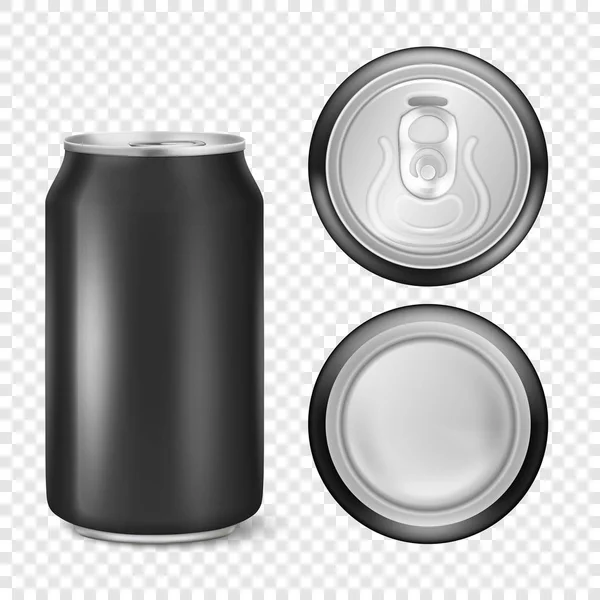 Vector realista 3d vazio metal brilhante preto alumínio cerveja pack ou pode visual 330ml. Pode ser usado para cerveja, álcool, refrigerante, refrigerante, refrigerante, refrigerante, limonada, cola, bebida energética, suco, água etc. Ícone —  Vetores de Stock