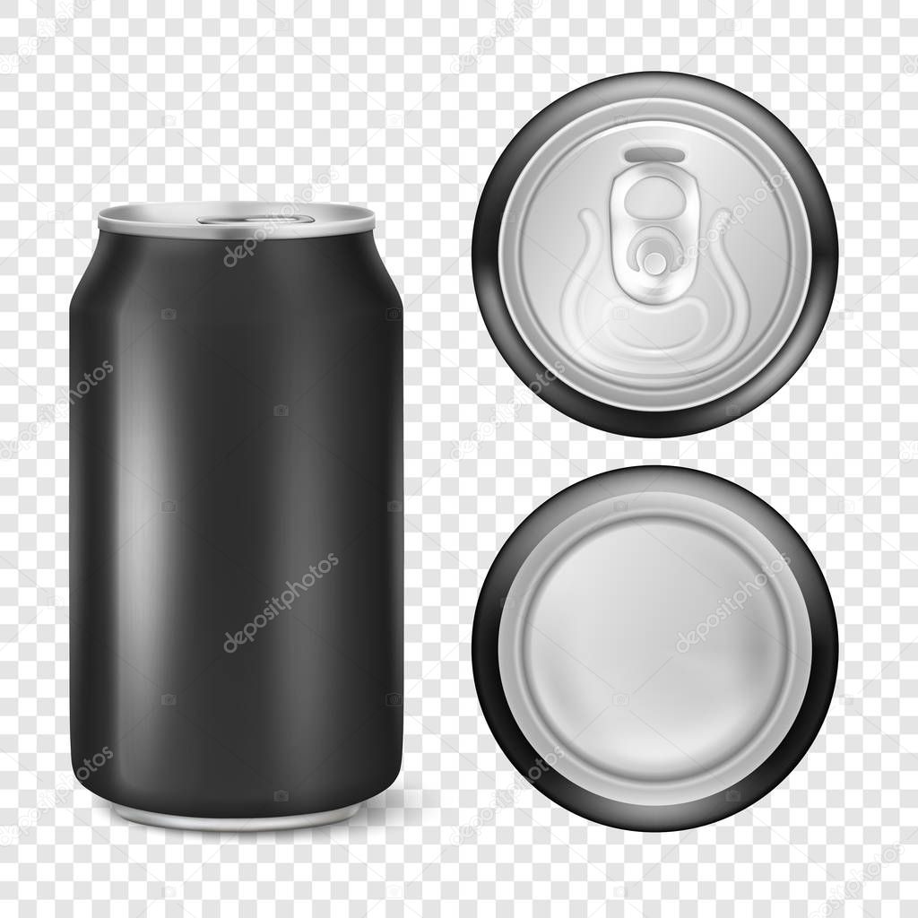 Vector realistic 3d empty glossy metal black aluminium beer pack or can visual 330ml. Can be used for lager, alcohol, soft drink, soda, fizzy pop, lemonade, cola, energy drink, juice, water etc. Icon