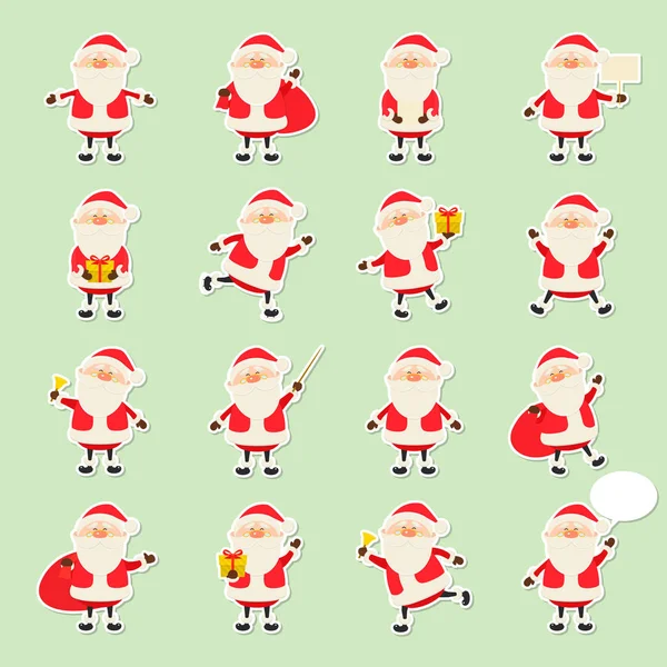 Cute vector Santa Claus paper sticker icon set in flat style, christmas collection, xmas and New year 2019 character in different poses. Funny Santa with different emotions. Design template for — Stock Vector