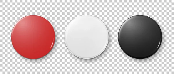 Valósághű 3D-s üres grafikai piros, fehér és fekete gomb jelvény ikonkészlet elszigetelt átláthatóság rács háttér. Elülső és felső kilátás. A tervezősablon, hirdet, stb. Vektor makett — Stock Vector