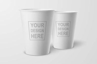 Vektör gerçekçi 3d beyaz kağıt tek kullanımlık bardak closeup beyaz arka plan üzerinde ayarlayın. Grafik, Tasarım şablonunda mockup. Önden görünüm