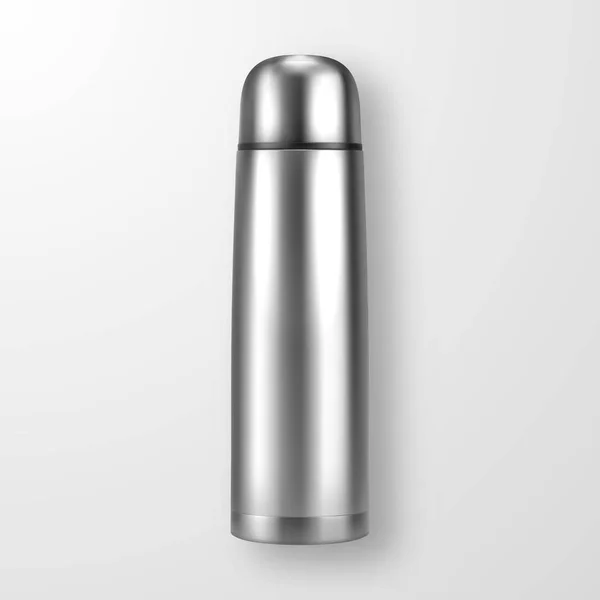 Vector realistic 3d silver empty glossy metal vacuum thermo tumbler flask closeup on white background. Design template of packaging mockup for graphics. Top view — Stock Vector
