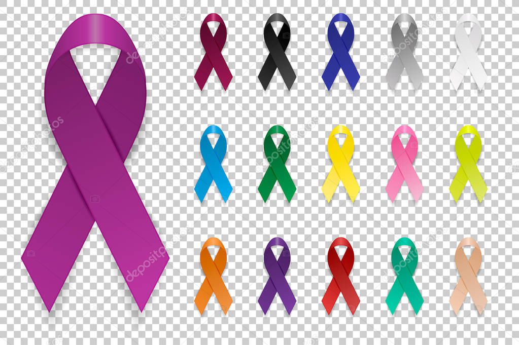 Cancer Ribbon. Vector realistic 3d awareness ribbon different color set closeup isolated on transparency grid background. International Day of cancer, World Cancer Day. Design template for graphics