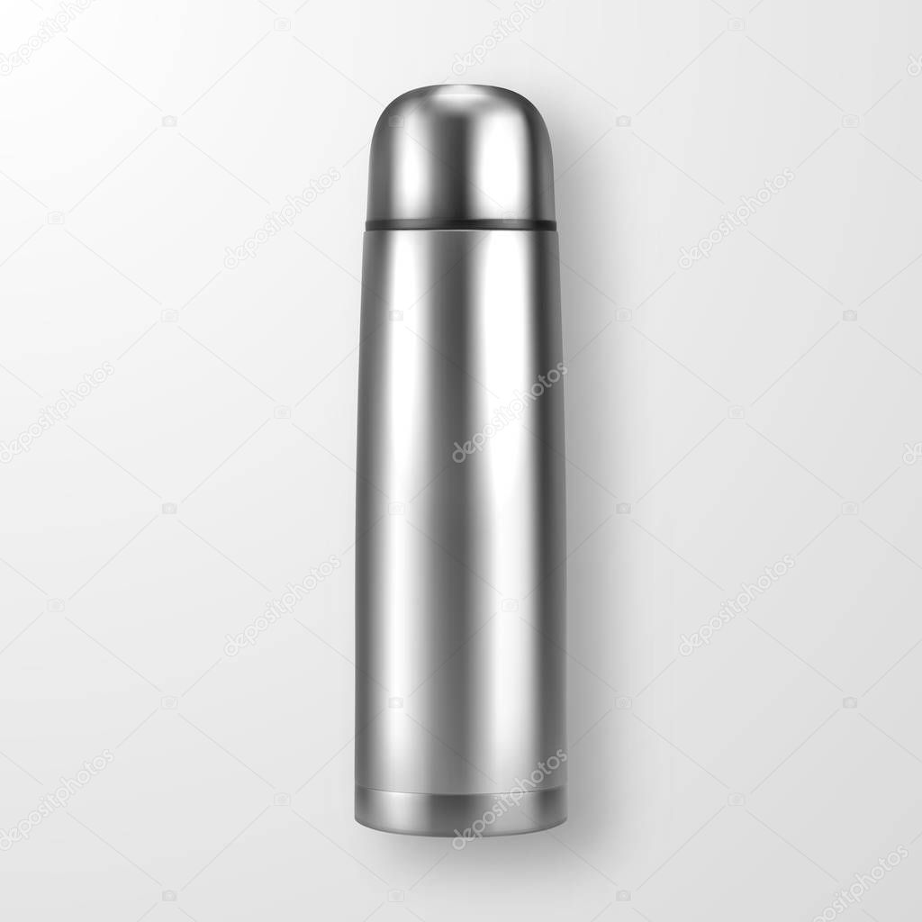 Vector realistic 3d silver empty glossy metal vacuum thermo tumbler flask closeup on white background. Design template of packaging mockup for graphics. Top view