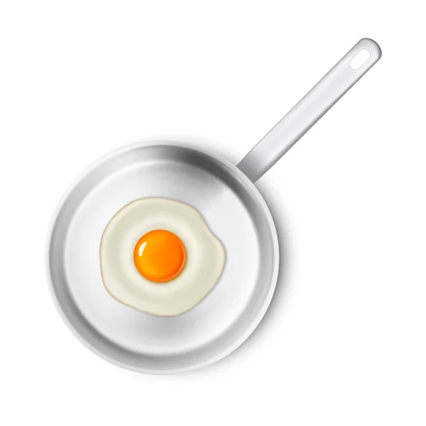 Vector realistic 3d fried egg on a silver non-stick cover surface pan closeup in top view isolated on white background. Realistic icon. Design template for graphics — Stock Vector