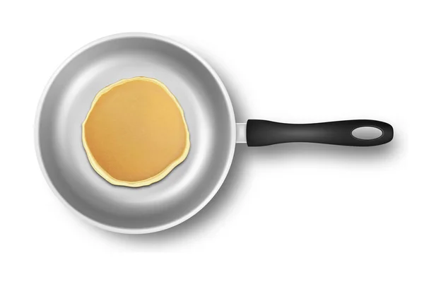 现实的煎饼在煎锅特写在白色背景, 顶部视图隔离。早餐、食品菜单和家居概念设计模板 — 图库矢量图片