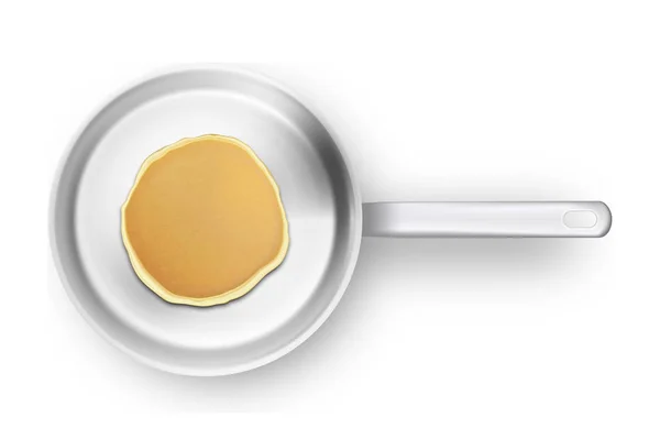 Pancake realistico nella padella primo piano isolato su sfondo bianco, vista dall'alto. Modello di design per la prima colazione, menu gastronomico e concetto di homestyle — Vettoriale Stock