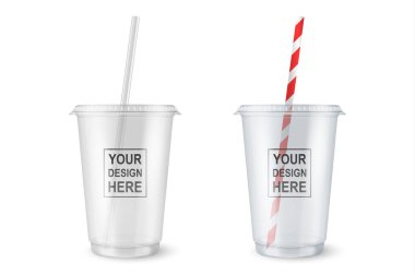 Vektör gerçekçi 3d boş şeffaf plastik tek kullanımlık Kupası bir saman ile beyaz arka plan üzerinde izole kapatmak ayarlayın. Şablon / ambalaj mockup milkshake, çay, taze meyve suyu, limonata - grafik tasarım