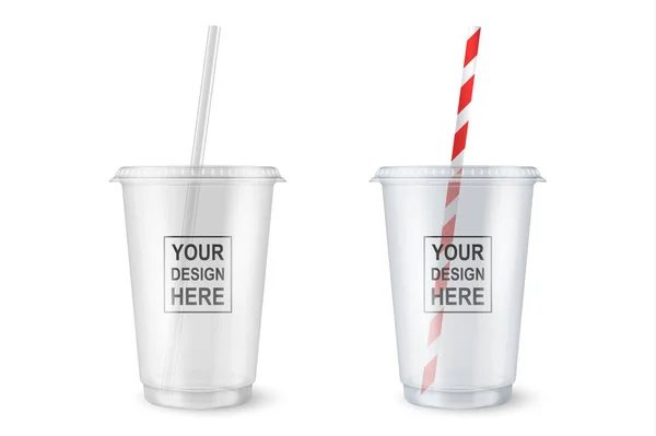 ベクトル現実的な 3 d 空透明なプラスチック使い捨てカップ ストローでは、白い背景で隔離のクローズ アップを設定します。グラフィックス - ミルクセーキ、紅茶、フレッシュ ジュース、レモネードの包装モックアップのテンプレートをデザインします。 — ストックベクタ