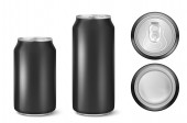 Vektor realistické 3d černá prázdný lesklý kovový Černý hliník pivo pack nebo může vizuální 330ml 500ml. Lze použít pro ležák, alkohol, nealko, soda, šumivé pop, limonády, cola, energetický nápoj, šťáva
