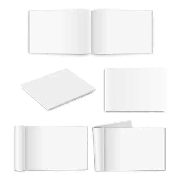 Vector realista papel vacío cerrado y abierto A4 revista horizontal, libro, catálogo o folleto con páginas de papel blanco enrollado, hojas torneadas icono conjunto primer plano sobre fondo blanco. Plantilla diseño — Vector de stock