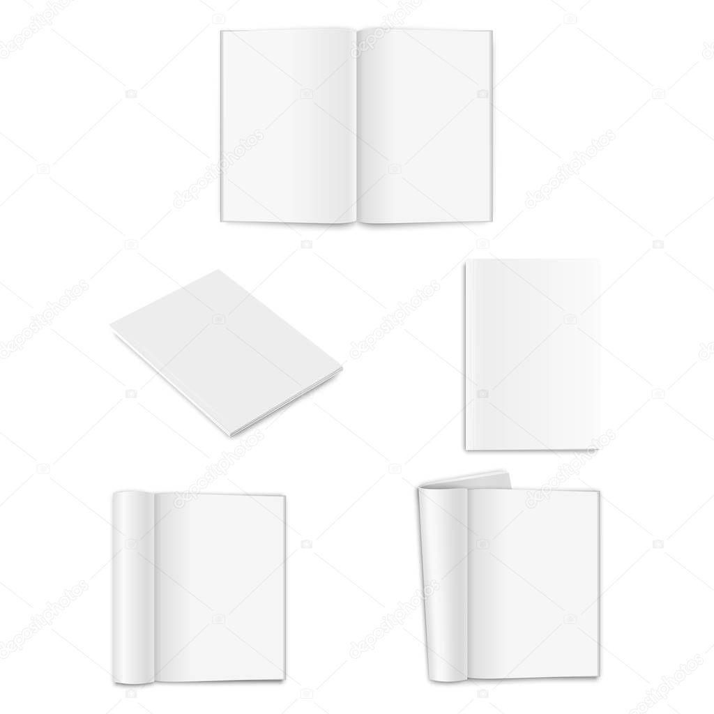 Vector realistic empty paper closed and opened A4 vertical magazine, book, catalog or brochure with rolled white paper pages, turned sheets icon set closeup on white background. Design template