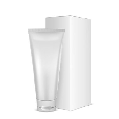 Vektör gerçekçi beyaz boş plastik kozmetik tüp simge kutusunu closeup beyaz arka plan üzerinde izole kapalı. Tasarım şablonu grafik, ambalaj, mockup için. Önden görünüm. Kozmetik için kullanılabilir