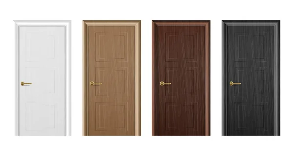 Vector Ikonuppsättning realistiska olika slutna brun trä dörr närbild isolerad på vit bakgrund. Inslag av arkitektur. Formgivningsmall för grafik, framifrån — Stock vektor