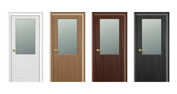 Vektori realistinen eri suljettu ruskea puinen ovi kuvake asettaa lähikuva eristetty valkoisella taustalla. Arkkitehtuurin elementtejä. Suunnittelumalli grafiikalle, etunäkymä — vektorikuva