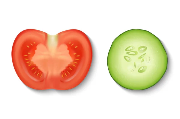 Vektorové 3d realistické plátek šťavnaté okurky a rajčat v řezu ikonu nastavit detailní izolovaných na bílém pozadí. Polovinu zeleniny. Návrh šablony, kliparty pro grafiku. Pohled shora — Stockový vektor