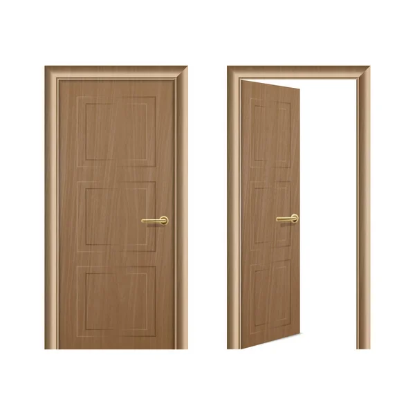 Vector Ikonuppsättning realistiska olika öppnas och stängas brun trä dörr närbild isolerad på vit bakgrund. Inslag av arkitektur. Formgivningsmall för grafik, framifrån — Stock vektor
