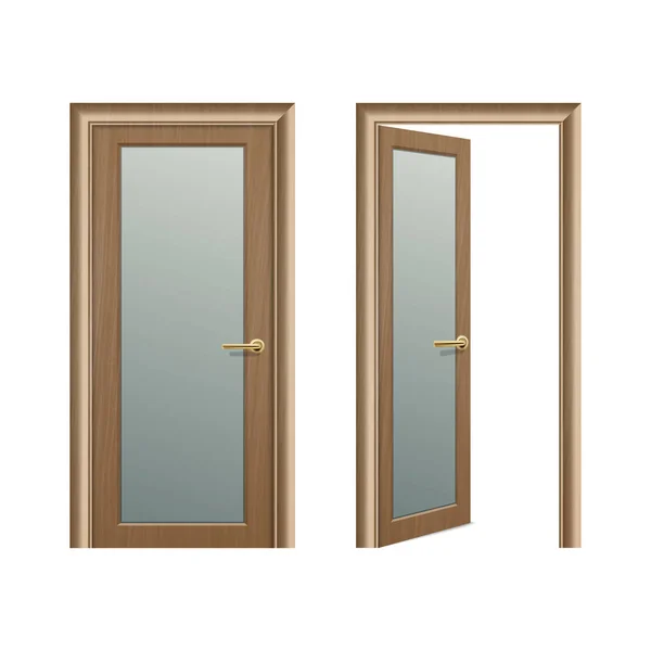 Vector realista diferentes abierto y cerrado icono de la puerta de madera marrón conjunto primer plano aislado sobre fondo blanco. Elementos de la arquitectura. Plantilla de diseño para gráficos, Vista frontal — Vector de stock