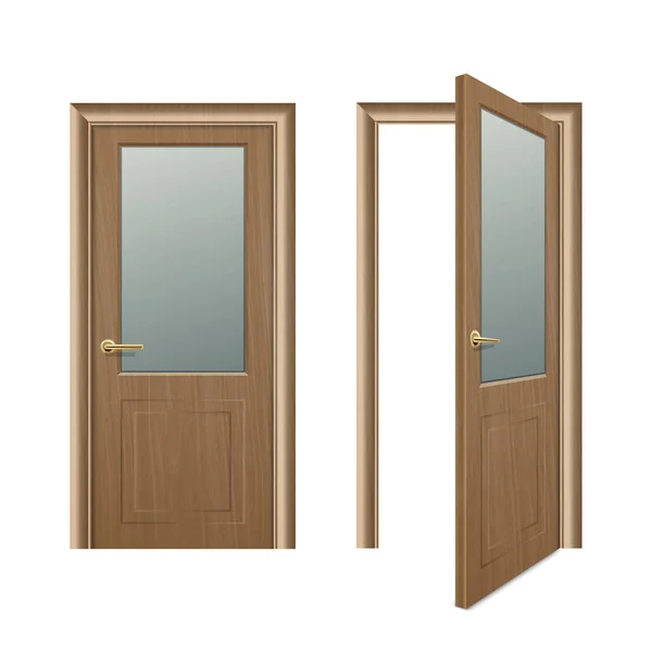 Vektor realistisch verschiedene geöffnete und geschlossene braune Holztür Icon Set Nahaufnahme isoliert auf weißem Hintergrund. Elemente der Architektur. Design-Vorlage für Grafiken, Frontansicht — Stockvektor