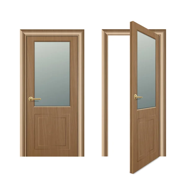 Vector realista diferentes abierto y cerrado icono de la puerta de madera marrón conjunto primer plano aislado sobre fondo blanco. Elementos de la arquitectura. Plantilla de diseño para gráficos, Vista frontal — Vector de stock