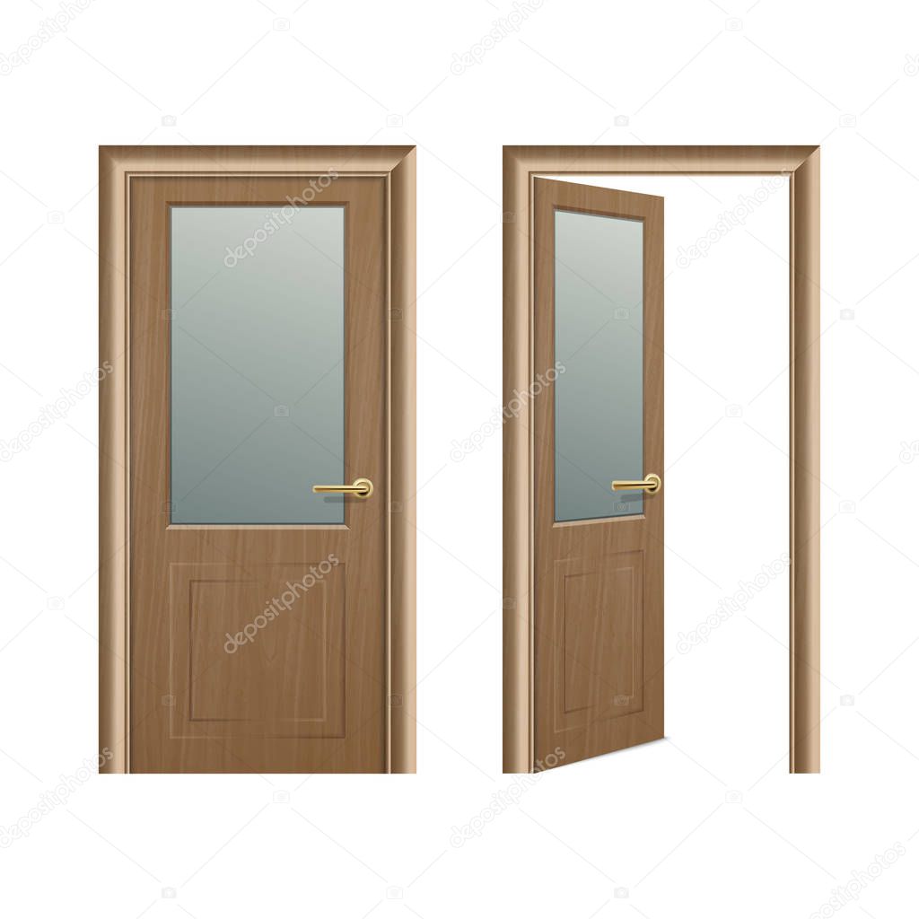 Vector realistic different opened and closed brown wooden door icon set closeup isolated on white background. Elements of architecture. Design template for graphics, Front view