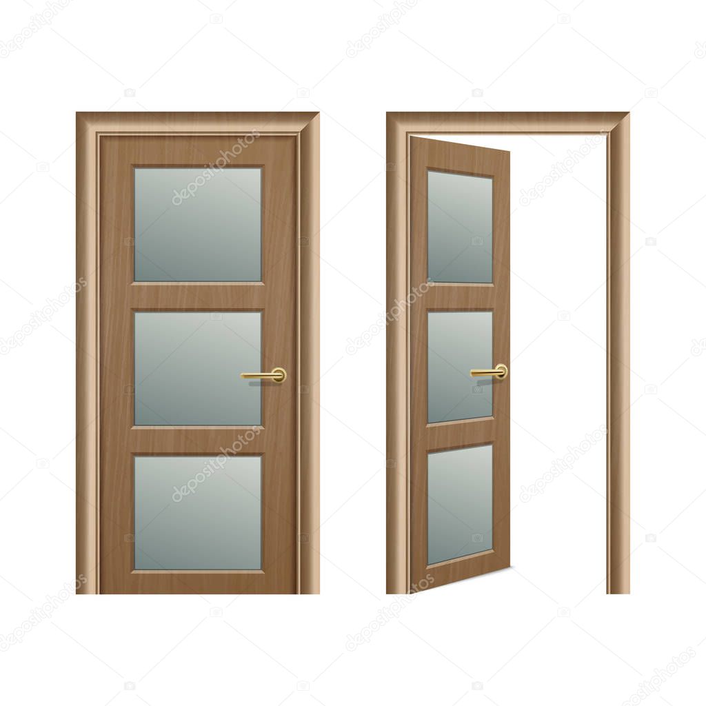 Vector realistic different opened and closed brown wooden door icon set closeup isolated on white background. Elements of architecture. Design template for graphics, Front view