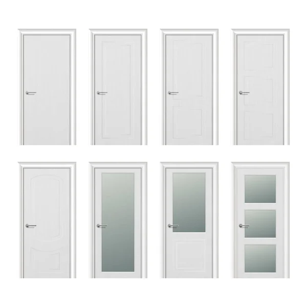 Вектор реалістичний різні закриті білі дерев'яні двері значок встановлений крупним планом ізольовані на білому тлі. Елементи архітектури. Шаблон дизайну для графіки, вид спереду — стоковий вектор