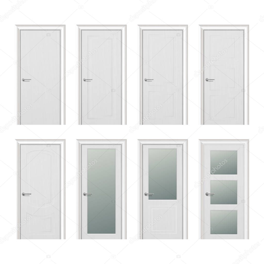 Vector realistic different closed white wooden door icon set closeup isolated on white background. Elements of architecture. Design template for graphics, Front view