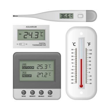 Vektör gerçekçi 3d celsius ve fahrenheit meteoroloji, hava, elektronik tıp ve akvaryum termometre simgesi beyaz arka plan üzerinde izole kapatmak ayarlayın. Küçük resim, grafik tasarım şablonu