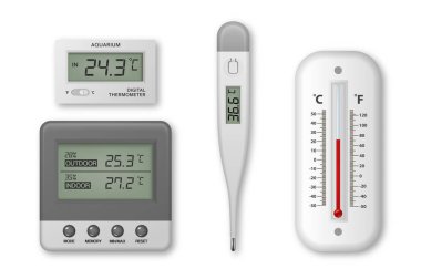 Vektör gerçekçi 3d celsius ve fahrenheit meteoroloji, hava, elektronik tıp ve akvaryum termometre simgesi beyaz arka plan üzerinde izole kapatmak ayarlayın. Küçük resim, grafik tasarım şablonu. Sayfanın Üstü