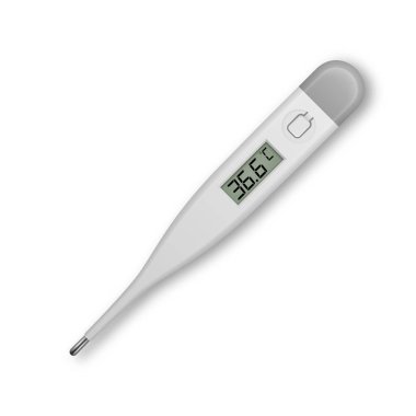 Beyaz arka plan üzerinde izole simgesi closeup ölçmek için vektör gerçekçi 3d celsius elektronik Medikal termometre. Küçük resim, grafik tasarım şablonu. Üstten görünüm