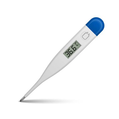 Beyaz arka plan üzerinde izole simgesi closeup ölçmek için vektör gerçekçi 3d celsius elektronik Medikal termometre. Küçük resim, grafik tasarım şablonu. Önden görünüm