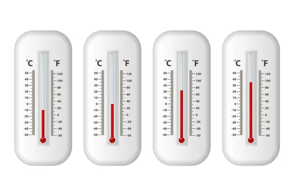 Vecteur réaliste 3d celsius et fahrenheit météorologie, icône du thermomètre météorologique mis gros plan isolé sur fond blanc. Clip art, modèle de conception pour les graphiques. Thermomètres avec différents niveaux — Image vectorielle