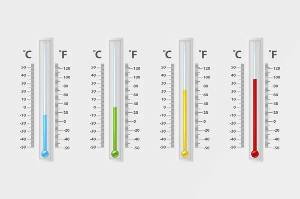 Vector realista 3d celsius y fahrenheit meteorología, tiempo termómetro signo icono conjunto primer plano aislado sobre fondo blanco. Clip art, plantilla de diseño para gráficos. Termómetros con diferentes — Vector de stock