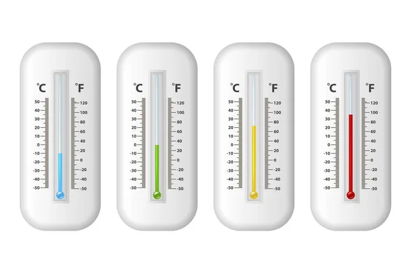 ベクトル現実的な 3 d 摂氏と華氏気象天気予報温度計のアイコンは白い背景で隔離のクローズ アップを設定します。クリップアート、グラフィック用のデザイン テンプレート。異なるレベルの温度計 — ストックベクタ