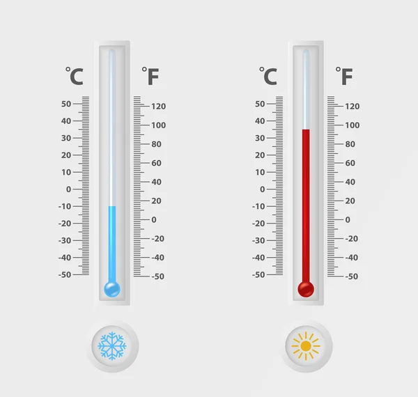 Dos vectores realistas 3d celsius y fahrenheit meteorología, el tiempo icono signo del termómetro conjunto primer plano aislado sobre fondo blanco. Clip art, plantilla de diseño para gráficos. Termómetros con diferentes — Archivo Imágenes Vectoriales