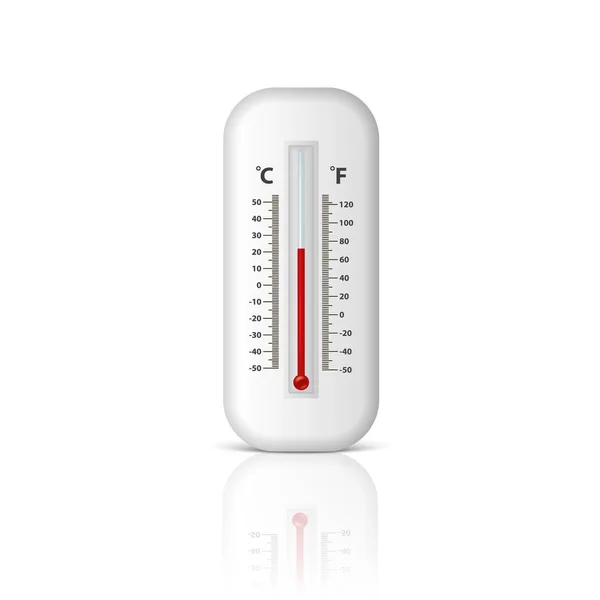 Vector realista 3d celsius blanco y fahrenheit meteorología, icono del termómetro meteorológico primer plano aislado sobre fondo blanco con reflexión. Clip art, plantilla de diseño para gráficos — Vector de stock