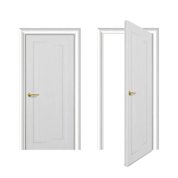 Vector realista diferentes abierto y cerrado icono de la puerta de madera blanca conjunto primer plano aislado sobre fondo blanco. Elementos de la arquitectura. Plantilla de diseño para gráficos, Vista frontal — Vector de stock