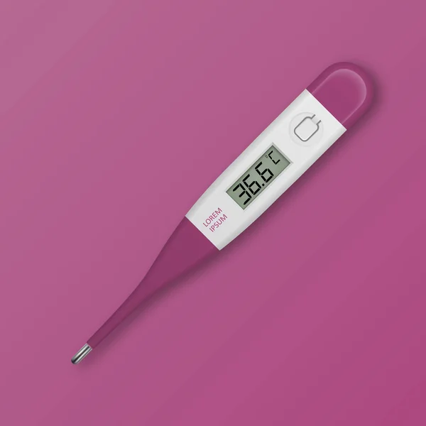 Termómetro médico electrónico vectorial realista 3d celsius rosa para medir el primer plano del icono sobre fondo rosa. Clip art, plantilla de diseño para gráficos. Vista superior. El concepto de salud femenina o infantil — Archivo Imágenes Vectoriales