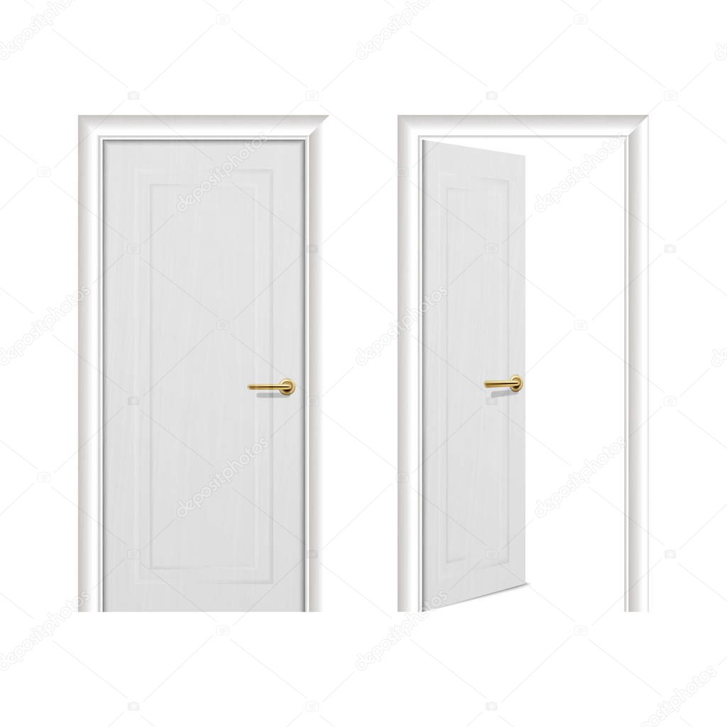 Vector realistic different opened and closed white wooden door icon set closeup isolated on white background. Elements of architecture. Design template for graphics, Front view