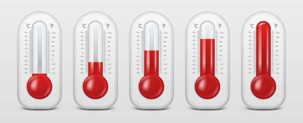 Vector realista 3d celsius y fahrenheit meteorología, el tiempo termómetro icono conjunto primer plano aislado sobre fondo blanco. Clip art, plantilla de diseño para gráficos. Termómetros con diferentes niveles — Archivo Imágenes Vectoriales