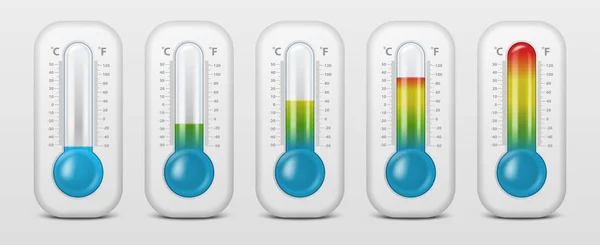 Vektor realistické 3d Celsia a Fahrenheita meteorologie, sada ikon počasí teploměr closeup izolovaných na bílém pozadí. Kliparty, šablony návrhu grafiky. Teploměry s různými úrovněmi — Stockový vektor