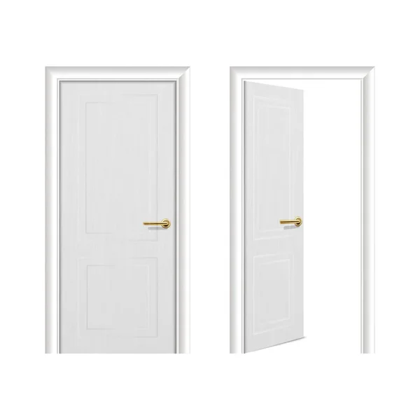 Vector realista diferentes abierto y cerrado icono de la puerta de madera blanca conjunto primer plano aislado sobre fondo blanco. Elementos de la arquitectura. Plantilla de diseño para gráficos, Vista frontal — Vector de stock