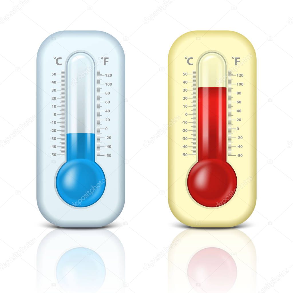 Two vector realistic 3d celsius and fahrenheit meteorology, weather thermometer sign icon set closeup isolated on white background. Clip art, design template for graphics. Thermometers with different