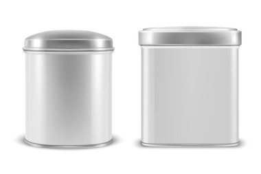 Vektör gerçekçi 3d beyaz boş metal alüminyum konserve kapları ile Gümüş dikdörtgen kap veya kare, oval şekil simgesi beyaz arka plan üzerinde izole closeup ayarla. Grafik tasarım şablonu