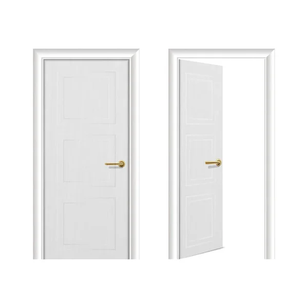 Vector realistische verschillende geopend en gesloten witte houten deur pictogrammenset close-up geïsoleerd op een witte achtergrond. Elementen van het platform. Ontwerpsjabloon voor graphics, Front view — Stockvector
