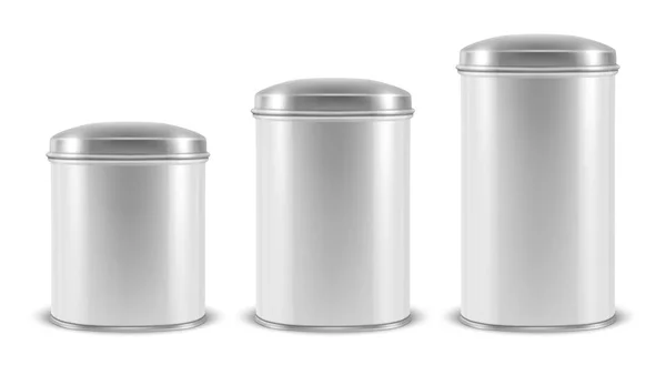 Vector realistic 3d white blank metal aluminium tin can containers with silver cap different size - small, medium and big - icon set closeup isolated on white background. Design template for graphics — Stock Vector