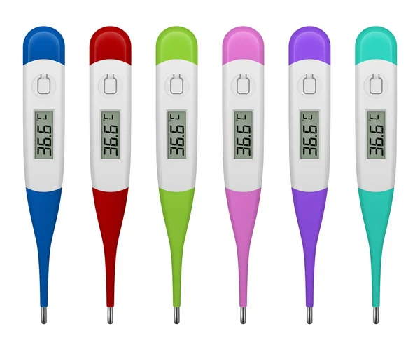 Vektor realistisches elektronisches medizinisches 3D-Thermometer zur Messung des Symbolsatzes, isoliert auf weißem Hintergrund. Clip Art, Design-Vorlage für Grafiken. von oben oder von vorne. Sammlung von — Stockvektor