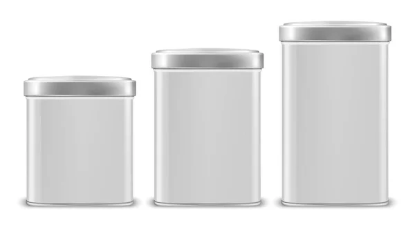 Vector realista 3d branco metal em branco recipientes lata de alumínio com tampa de prata tamanho diferente - pequeno, médio e grande - ícone set close-up isolado no fundo branco. Modelo de design para gráficos —  Vetores de Stock